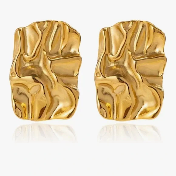 18K Gold Plated Textured Chunky Rectangle Earrings Stainless Steel - Picture 5 of 6